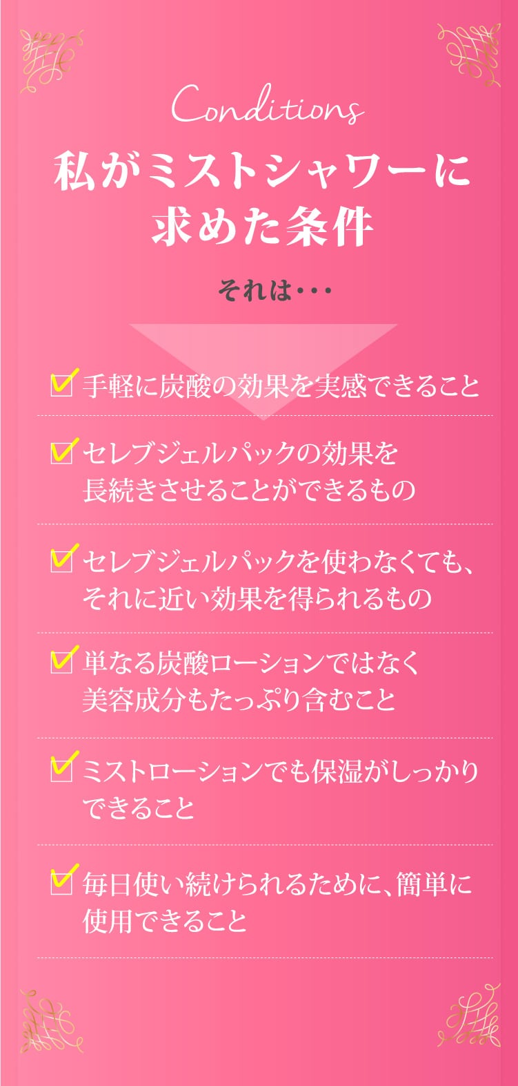 私がミストシャワーに求めた条件 ・手軽に炭酸の効果を実感できること
・セレブジェルパックの効果を長続きさせることができるもの
・セレブジェルパックを使わなくても、それに近い効果を得られるもの
・単なる炭酸ローションではなく美容成分もたっぷり含むこと
・ミストローションでも保湿がしっかりできること
・毎日使い続けられるために、簡単に使用できること
